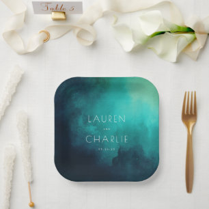 Assiettes En Carton Aquarelle Turquoise Sérène