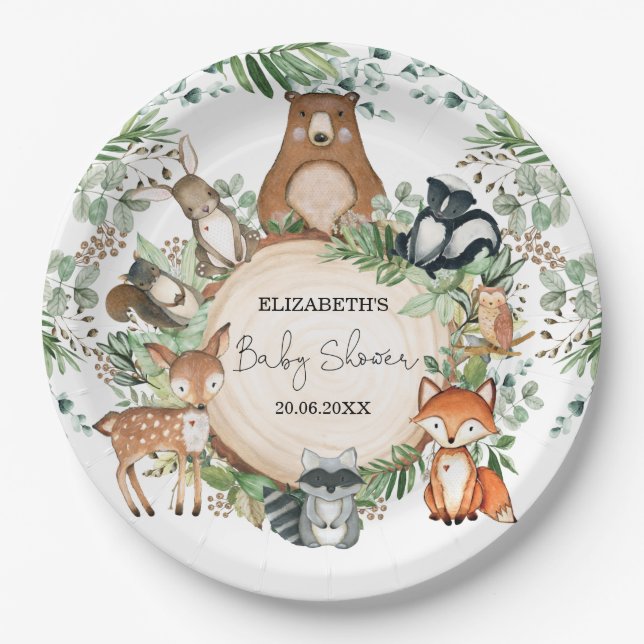Assiettes En Carton Aquarelle Verdure Baby shower des animaux des bois (Devant)