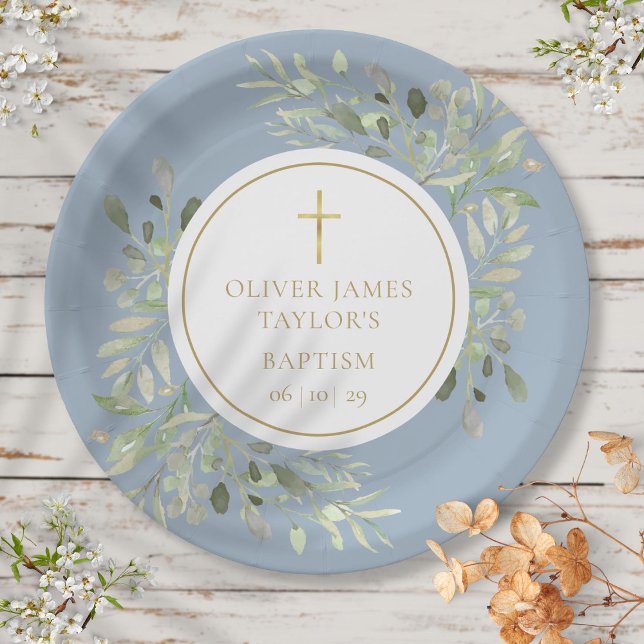 Assiettes En Carton Aquarelle Verdure Baptême Baptême Bleu (Créateur téléchargé)