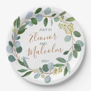 Assiettes En Carton Aquarelle verdure couronne, eucalyptus Mariage