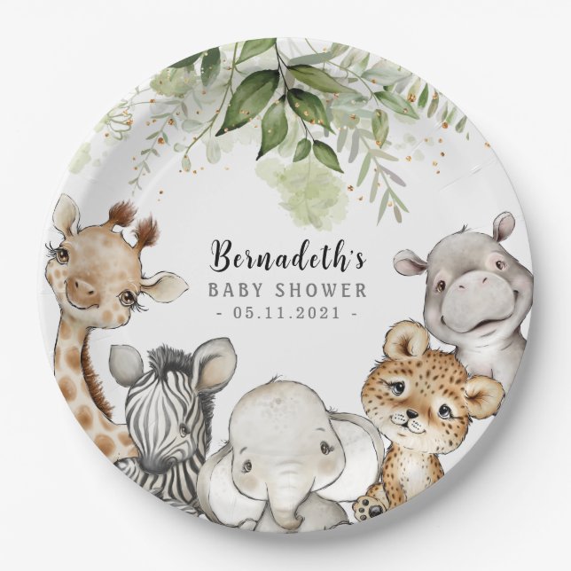 Assiettes En Carton Aquarelle Verdure Safari Animaux Baby shower (Devant)