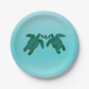 Assiettes En Carton Aquarelle Vert Bleu 2 Tortues de Mer Océan Mariage