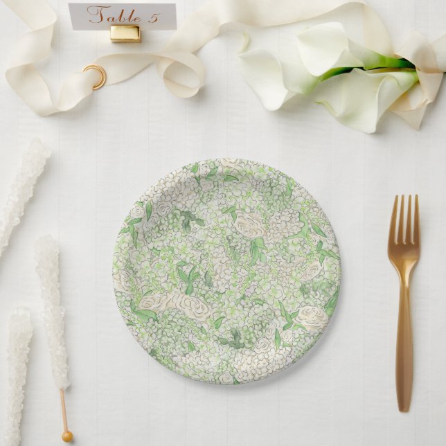 Assiettes En Carton Aquarelle Vert et Blanc Hydrangea Crest (Mariage)