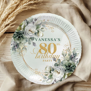 Assiettes En Carton Aquarelle Vert Or 80e Anniversaire Botanique 