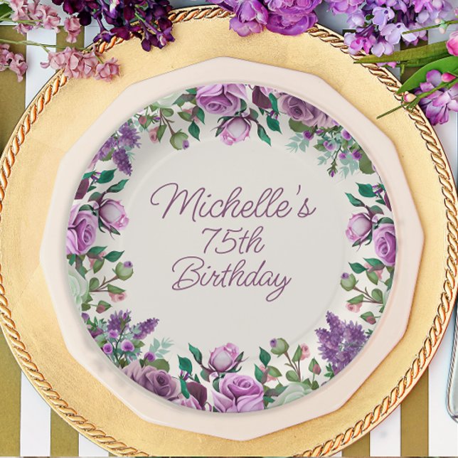 Assiettes En Carton Aquarelle verte à la menthe violette Floral 75e an (Purple floral custom birthday party paper plate)