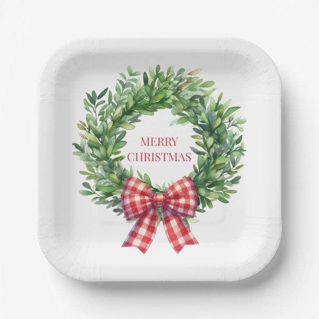 Assiettes En Carton Aquarelle Verte Avec Bow En vichy Rouge (Recto)