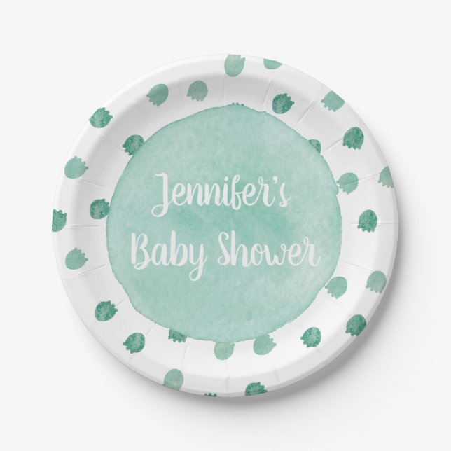 Assiettes En Carton Aquarelle verte Dinosaure Baby shower Plaque papie (Devant)