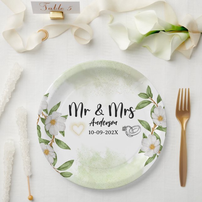 Assiettes En Carton Aquarelle verte Floral M. et Mme Mariage (Mariage)