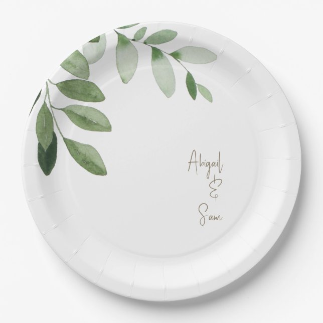 Assiettes En Carton Aquarelle verte Mariage blanc personnalisé (Devant)