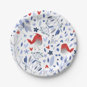 Assiettes En Carton Aquarelle vintage bleu Oiseau rouge