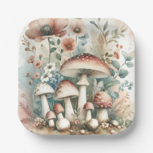 Assiettes En Carton Aquarelle Vintage Champignons et Fleurs Mariage