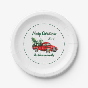 Assiettes En Carton Aquarelle Vintage Truck rouge fête de Noël