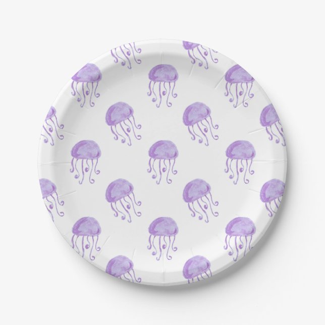 Assiettes En Carton aquarelle violet méduse conception de plage (Devant)