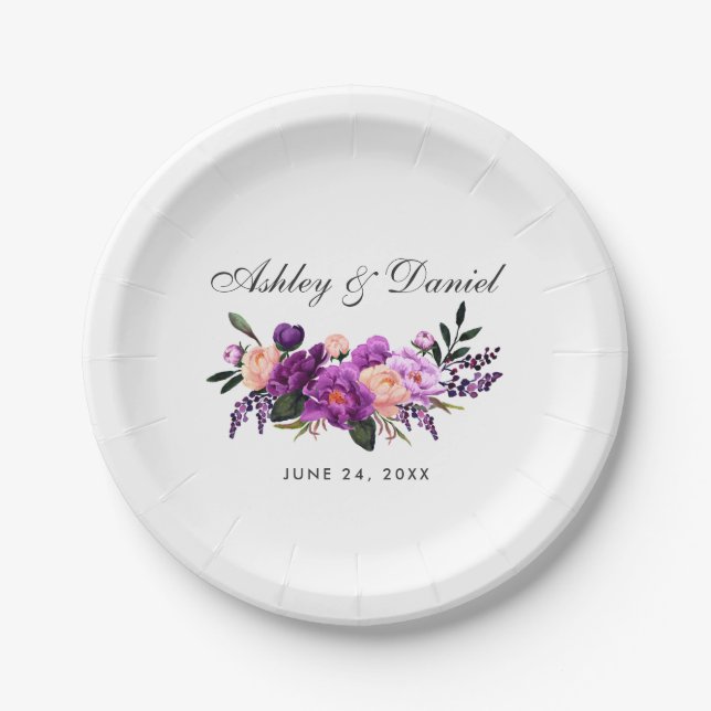 Assiettes En Carton Aquarelle violet ultra violet Mariage floral (Devant)