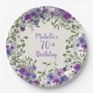 Assiettes En Carton Aquarelle violette Floral 70e anniversaire