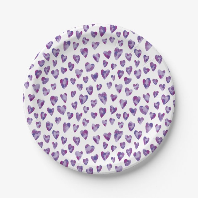 Assiettes En Carton Aquarelle violette Motif de coeur d'amour (Devant)