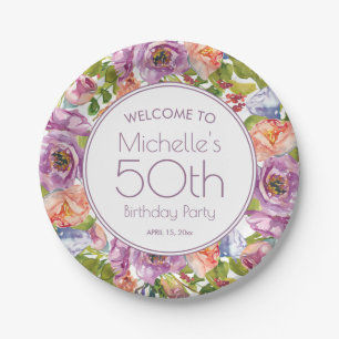 Assiettes En Carton Aquarelle violette orange florale 50e anniversaire