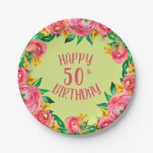 Assiettes En Carton Aquarelle vive rose chaude et jaune florale