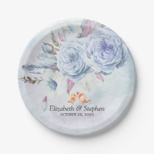 Assiettes En Carton Aquarelle wedding shower Fleurs de Bohême Plumes