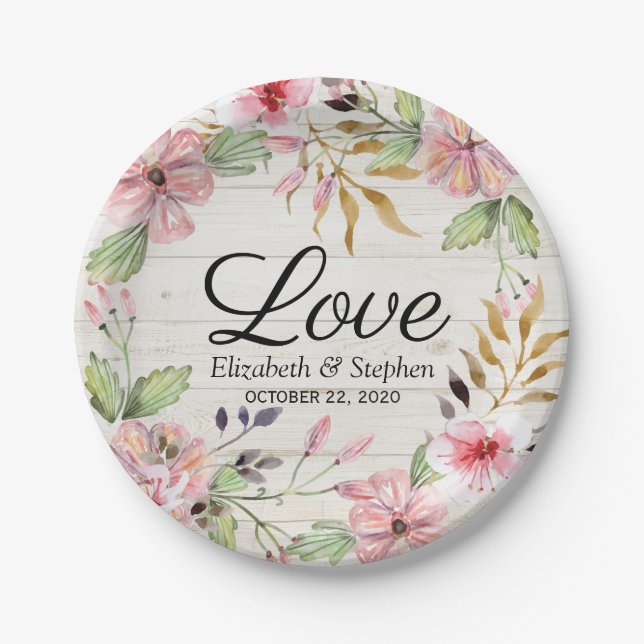 Assiettes En Carton Aquarelle wedding shower Fleurs roses Bois rustiqu (Devant)