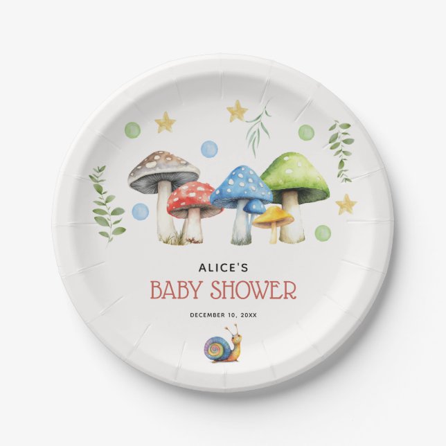 Assiettes En Carton Aquarelle Whimsical Baby shower de champignon (Devant)