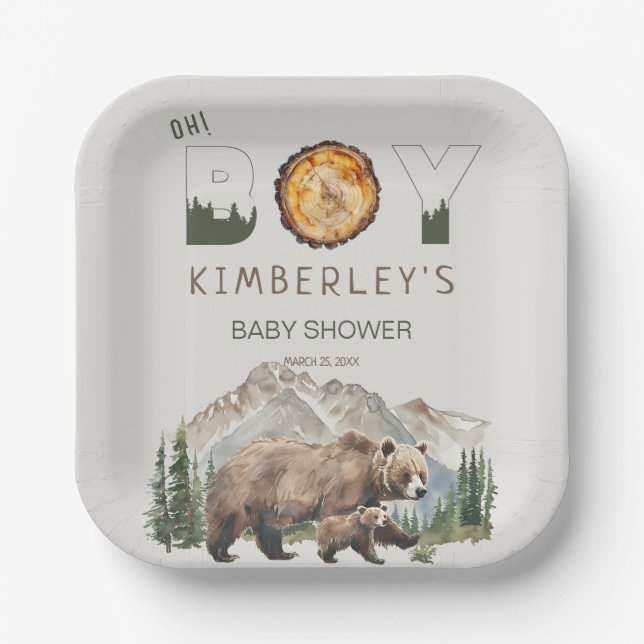 Assiettes En Carton Aquarelle Woodland Oh Boy Bear Baby shower (Recto)