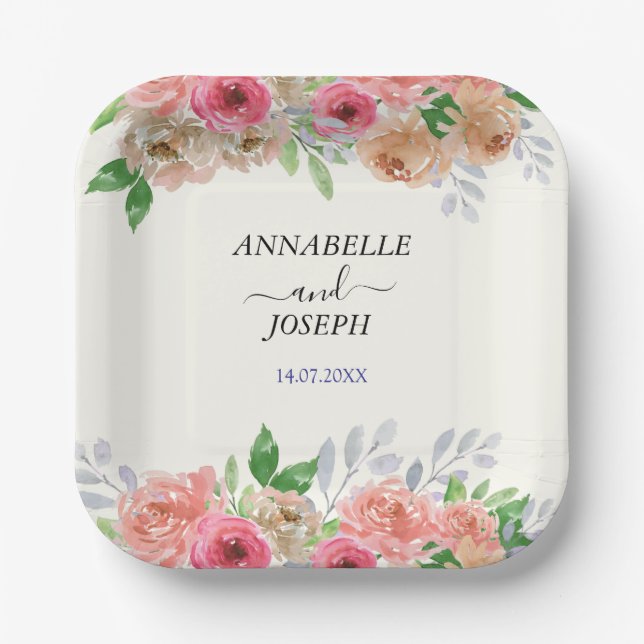 Assiettes En Carton aquarelles Florales Mariage Botanique Moderne (Recto)