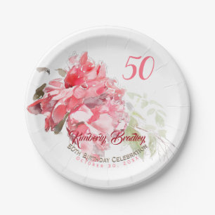 Assiettes En Carton Aquarelles Peony originales 50e fête d'anniversair