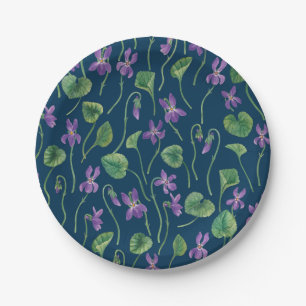 Assiettes En Carton Aquarelles violettes sur fond bleu