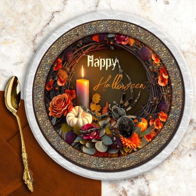 Assiettes En Carton Araignée d'Halloween (Festive Halloween paper plates featuring a floral wreath with candle and pumpkin and a big spider)