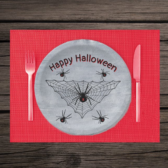 Assiettes En Carton Araignées noires veuves en Triangle Web Rustique B (Poisonous black widow spiders in web on rustic white Halloween paper party plates.)