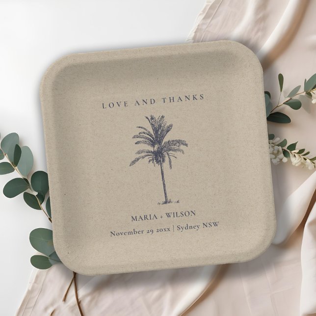 Assiettes En Carton Arbre à Palmes Tropical Navy Kraft Mariage Remerci (Créateur téléchargé)