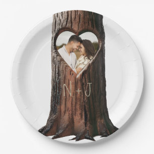 Assiettes En Carton Arbre Creusé d'un Cœur Souche Rustique Mariage Min