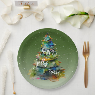 Assiettes En Carton Arbre de Noël Aquarelle Joyeux Jolly Happy