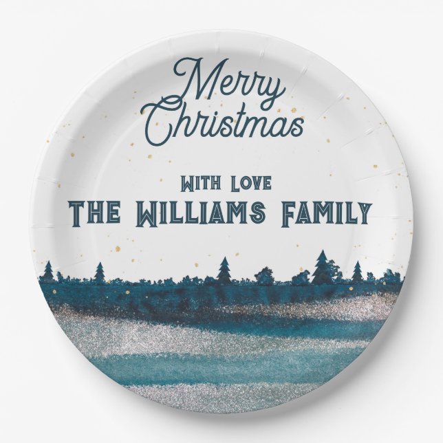 Assiettes En Carton Arbre de Noël avec neige Joyeux Noël (Devant)
