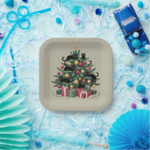 Assiettes En Carton Arbre de Noël Chats Noirs Amoureux des Chats Lumiè