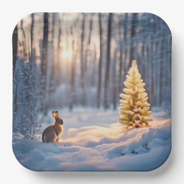 Assiettes En Carton Arbre de Noël d'hiver avec lapin (Recto)