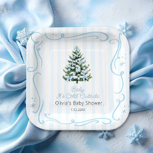 Assiettes En Carton Arbre de Noël d'hiver bleu Baby Shower