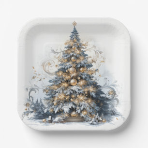 Assiettes En Carton Arbre de Noël élégant Ornements dorés Neige