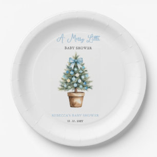 Assiettes En Carton Arbre de Noël en Bow bleu Joyeux petit Baby shower