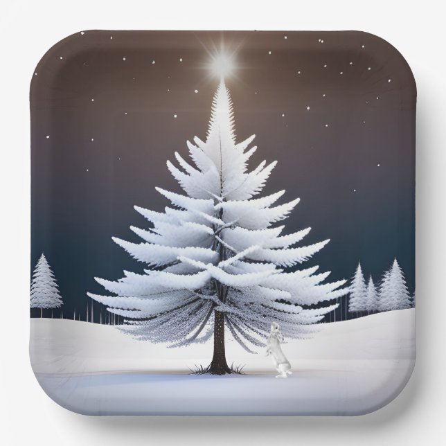 Assiettes En Carton Arbre De Noël Froide Avec Lapin (Recto)