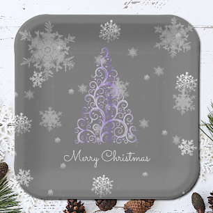 Assiettes En Carton Arbre de Noël pourpre et flocons de neige Plaque e