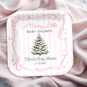 Assiettes En Carton Arbre de Noël Rose Bébé Hiver Shower