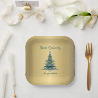 Assiettes En Carton Arbre de Noël vert Nom Flux d'or personnalisé