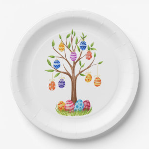 Assiettes En Carton Arbre de Pâques aquarelle avec œufs décorés suspen