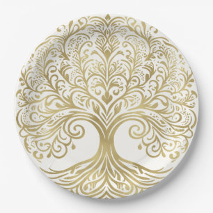 Assiettes En Carton Arbre de vie Cream & Gold Celtic Mariage