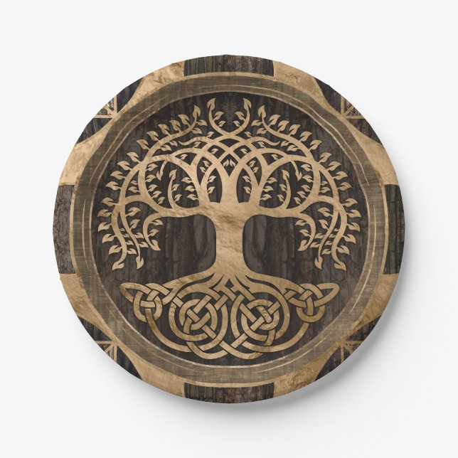 Assiettes En Carton Arbre de vie - Yggdrasil - écorce en bois et or (Devant)