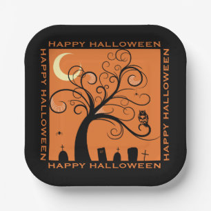 Assiettes En Carton Arbre et cimetière Orange Art Joyeux Halloween