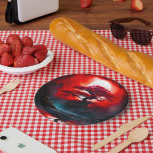 Assiettes En Carton Arbre rouge mystique sous la pleine lune
