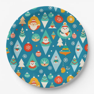 Assiettes En Carton Arbres de Noël Colorés Ornements Motif Hiver
